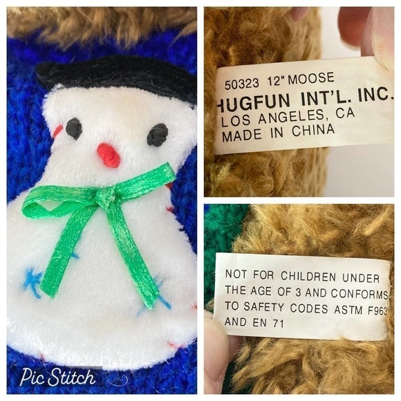 𝅺hugfun 12" Curly Hair Moose Plush Wearing Blue Snowman Sweater Winter Holiday - Picture 10 of 12
